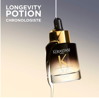 Kérastase Chronologiste Longevity Potion hair serum in a dark amber glass bottle with a gold dropper cap, shown against a gradient beige-to-gray background with promotional text.
