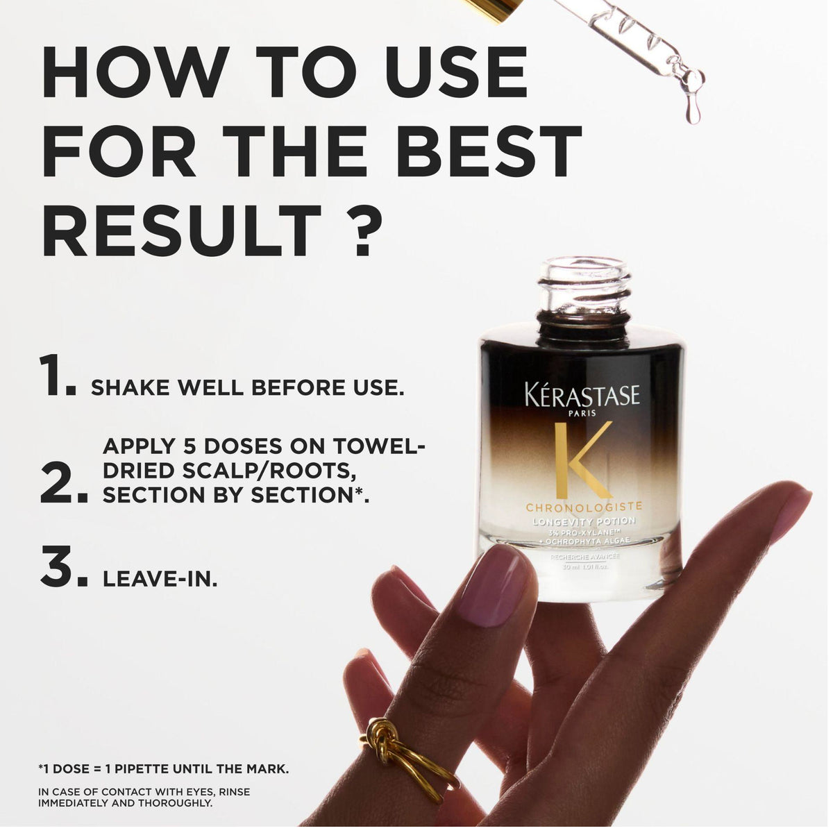 Kérastase Chronologiste Leave-In Conditioner bottle held by a hand with pink nails and a gold ring, alongside large text reading 'HOW TO USE FOR THE BEST RESULT?' and step-by-step application instructions.