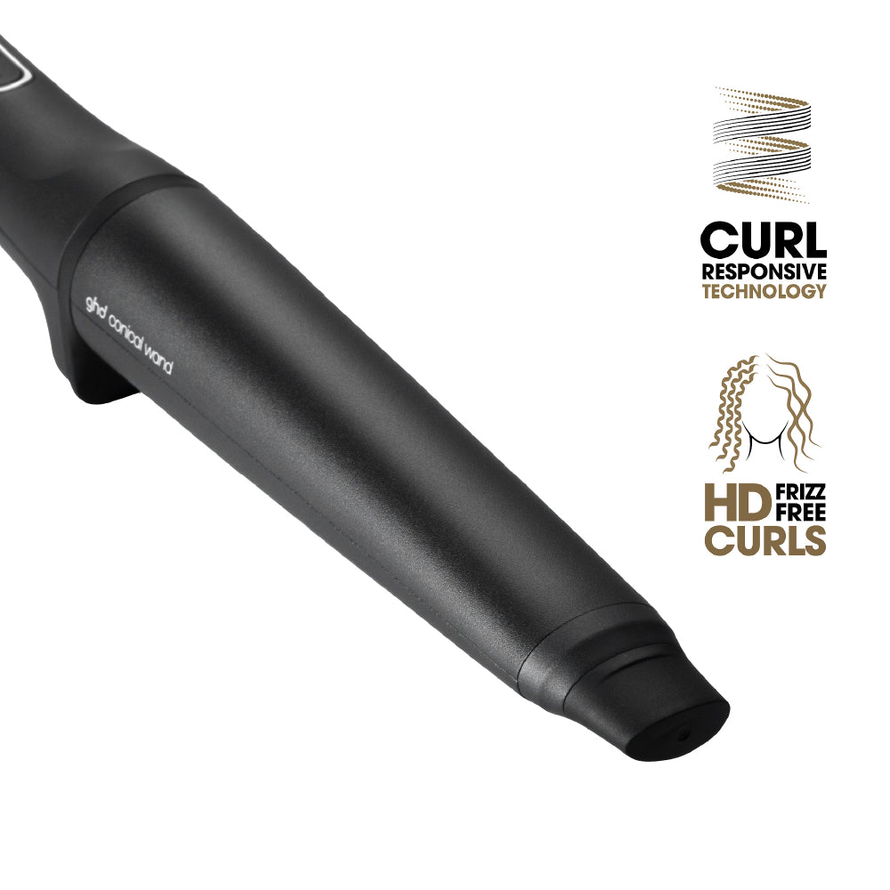 Black hair styling tool with 'Curl Responsive Technology' and 'HD Frizz Free Curls' features on a white background.