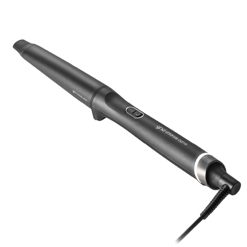 Black hair styling tool with brand logo on a white background