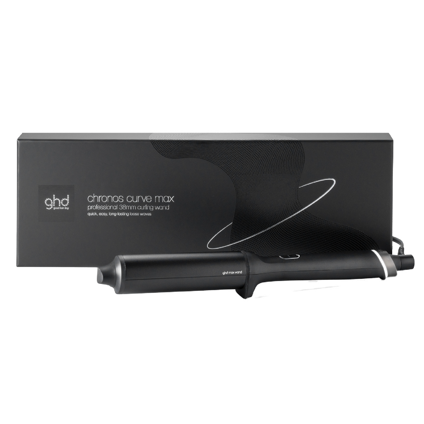 Black ghd curling wand with packaging on a white background