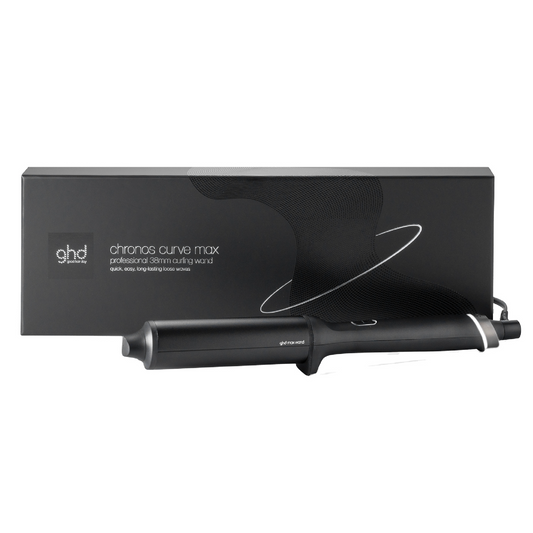 Black ghd curling wand with packaging on a white background