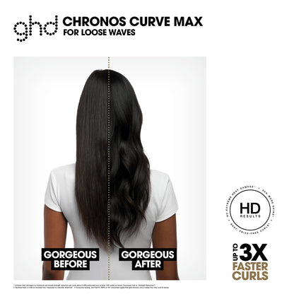 Advertisement for ghd Chronos Curve Max hair product showing before and after effects on hair.