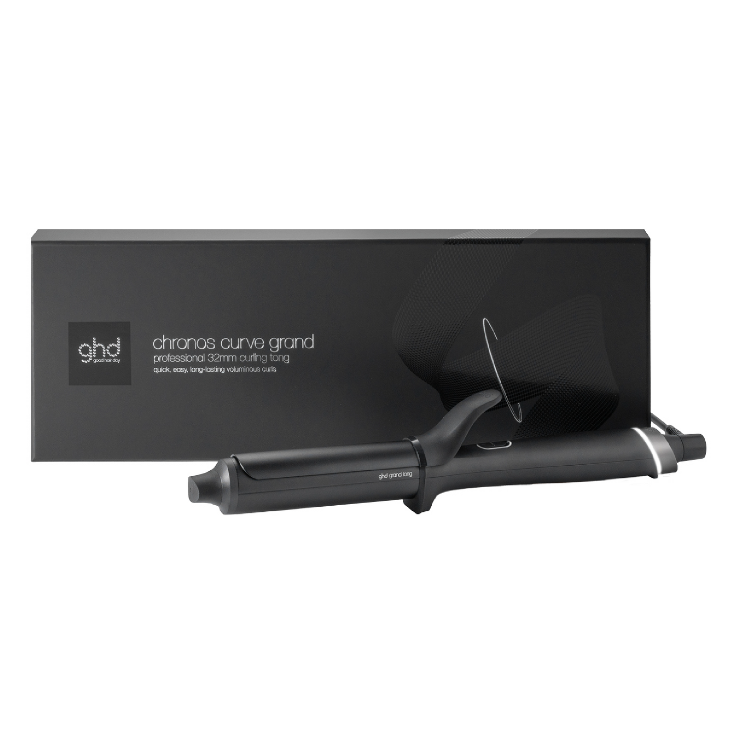 Black ghd curling iron with packaging on a white background