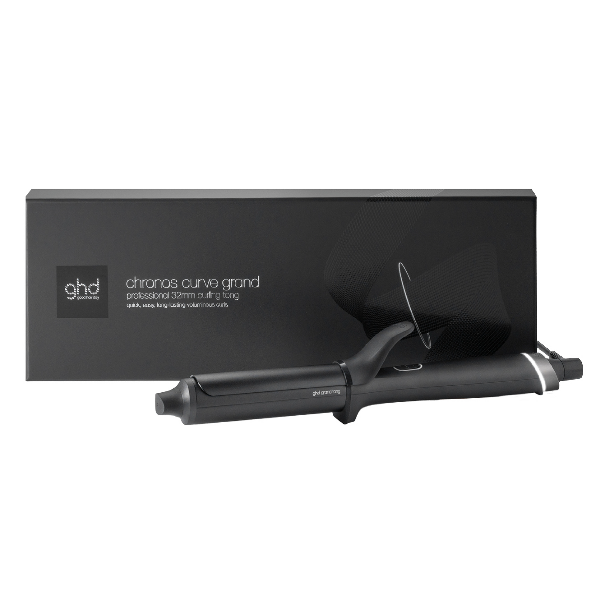 Black ghd curling iron with packaging on a white background