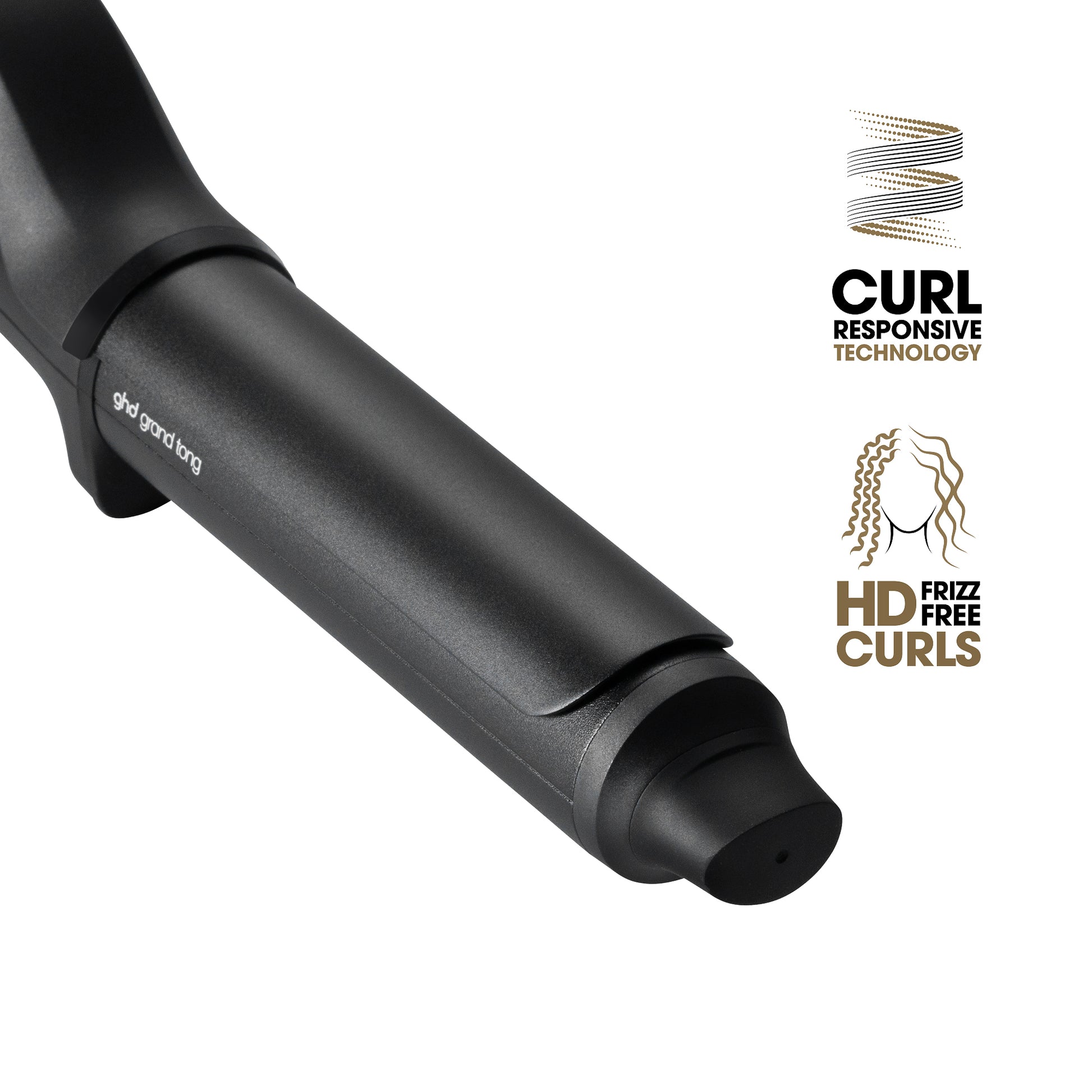 Black hair styling tool with 'Curl Responsive Technology' and 'HD Frizz Free Curls' features on a white background.