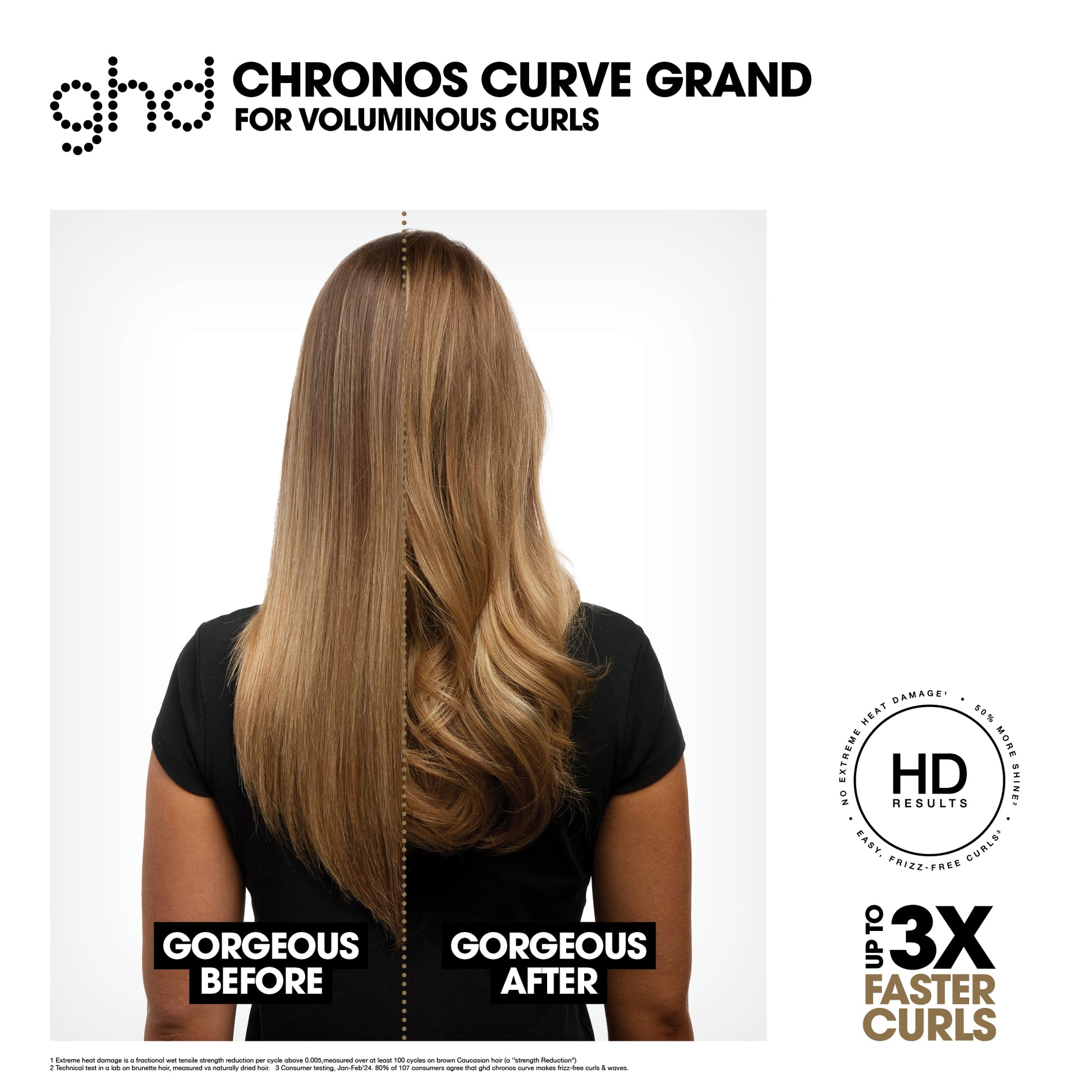 Advertisement for ghd Chronos Curve Grand hair straightener showing before and after results.