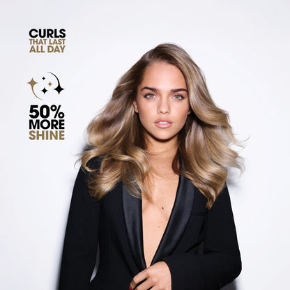 Woman with styled hair and promotional text about hair product benefits on a white background