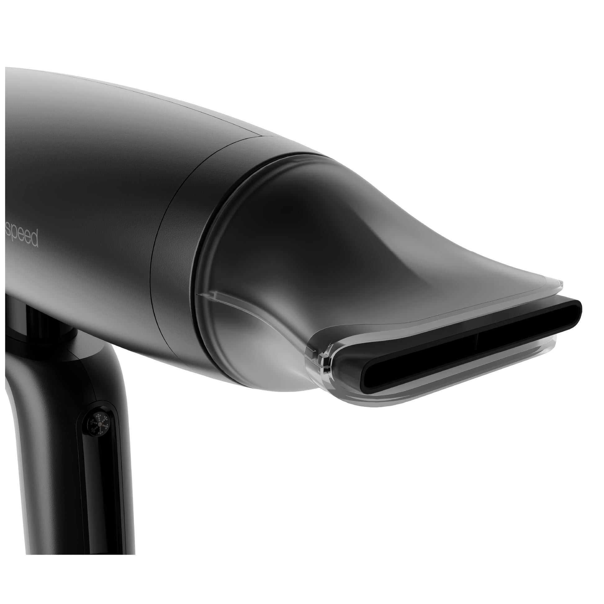 Black hair dryer with a nozzle attachment on a white background