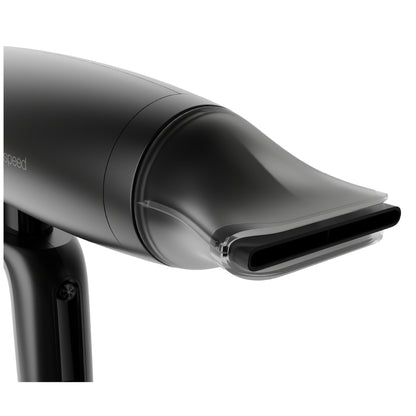 Black hair dryer with a nozzle attachment on a white background