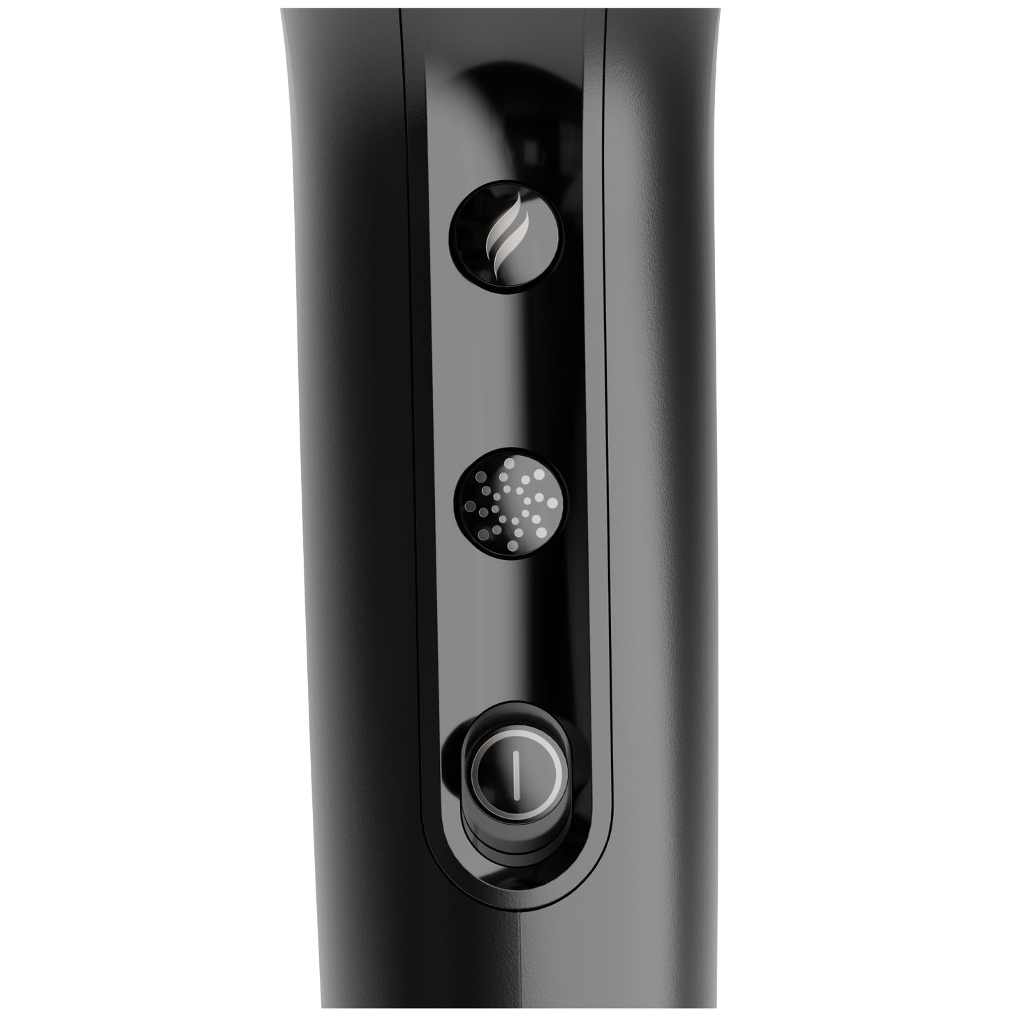 Close-up of a black electronic device with control buttons on a white background
