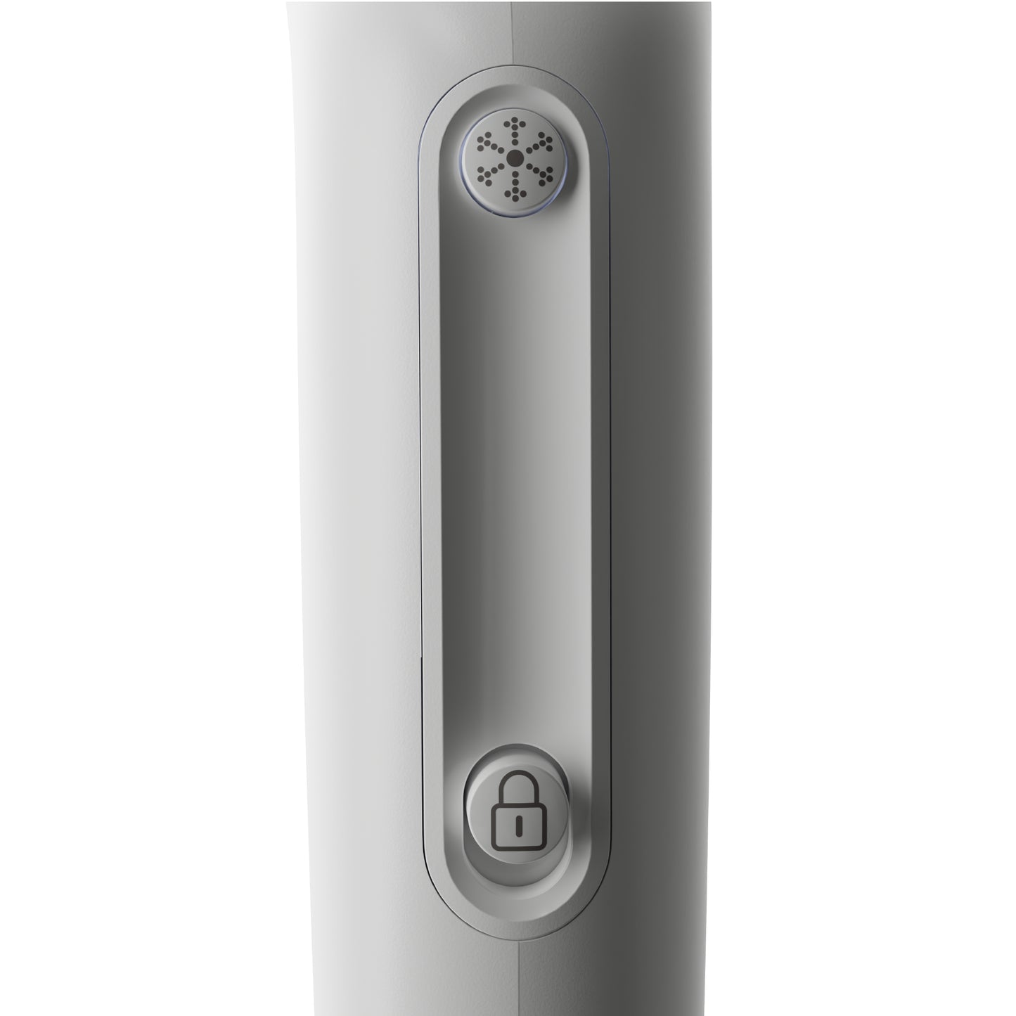 Close-up of a silver electronic device with a lock symbol on a white background